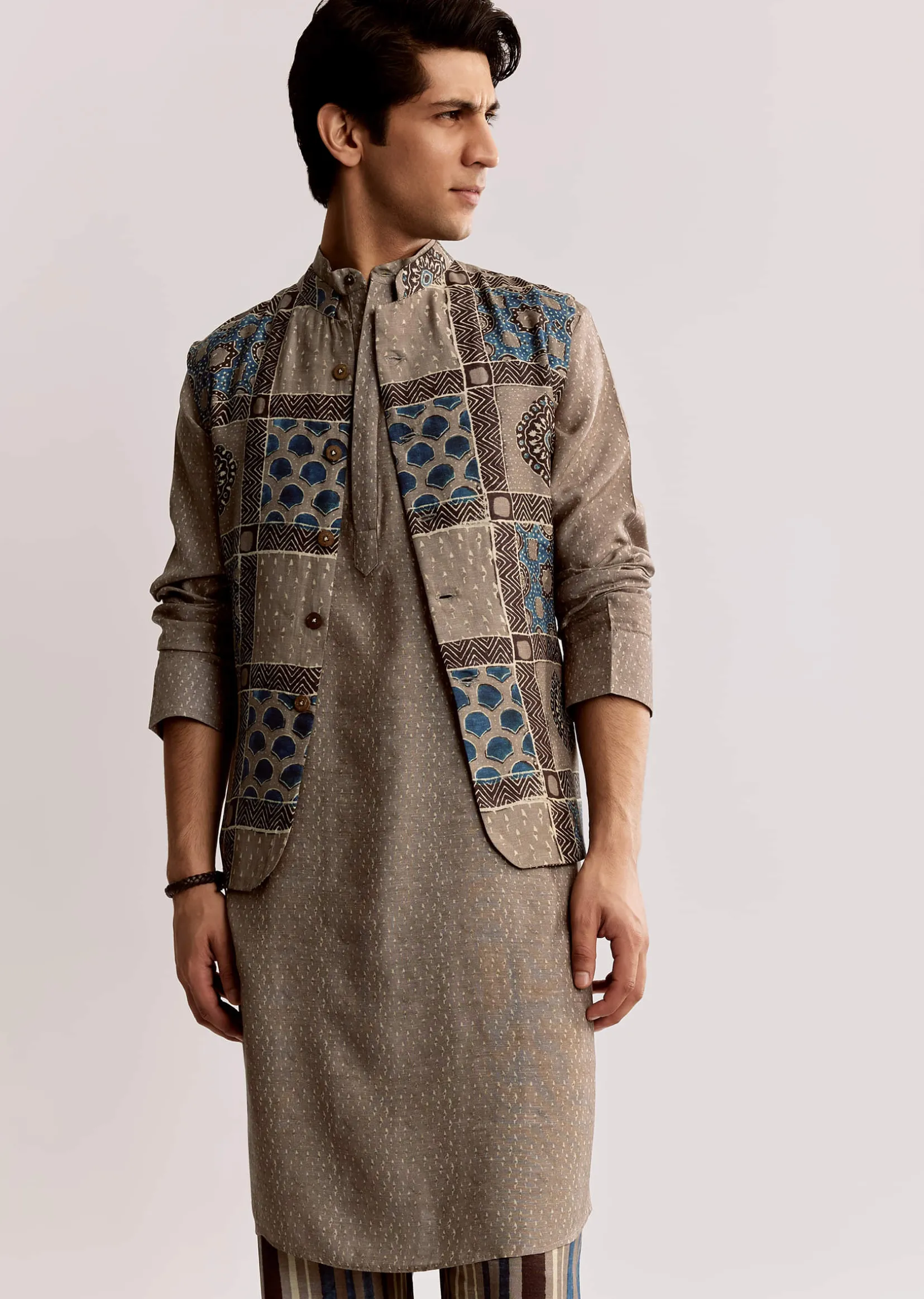 Grey Linen Kurta Jacket Set With Ajrakh Print