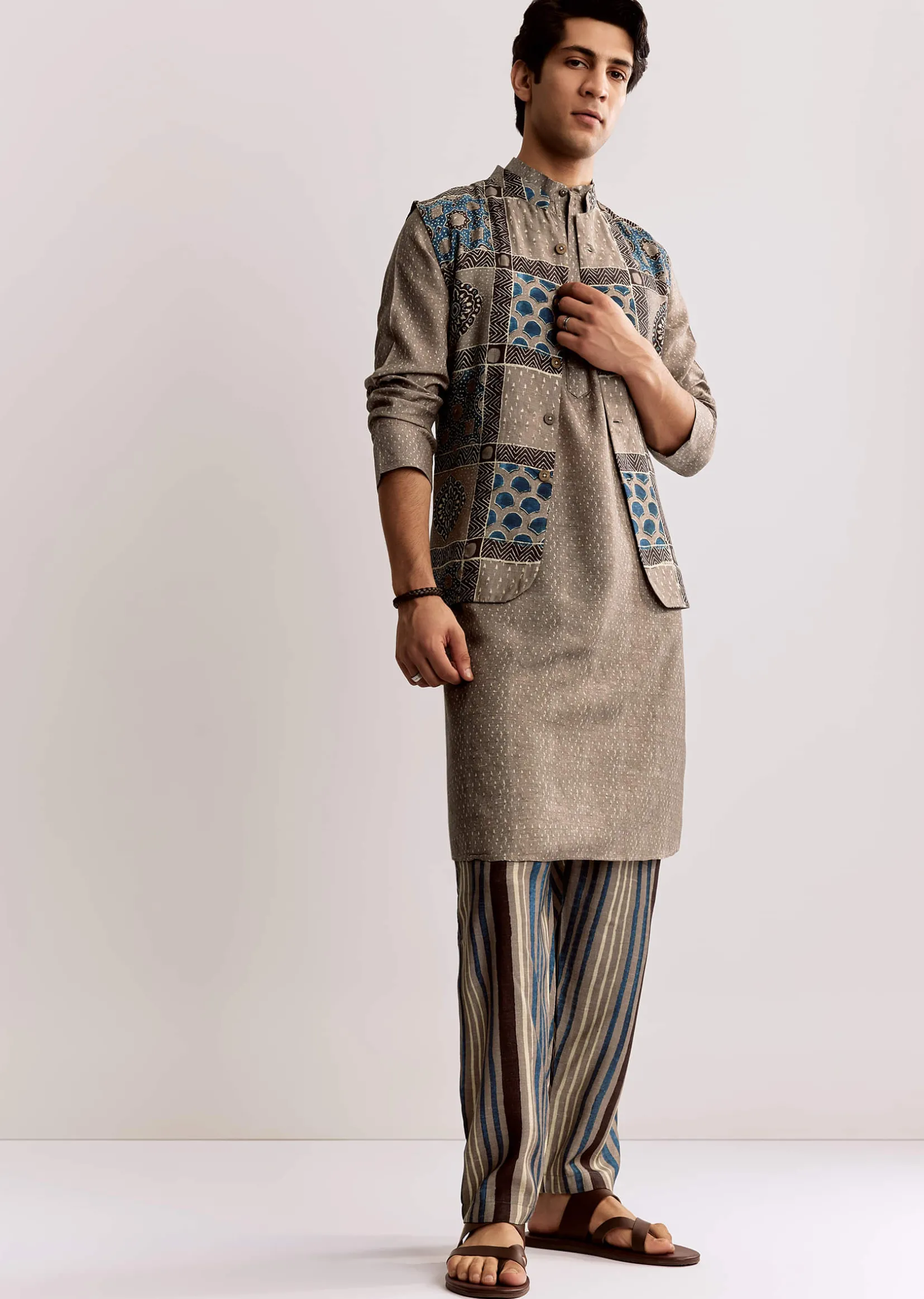Grey Linen Kurta Jacket Set With Ajrakh Print