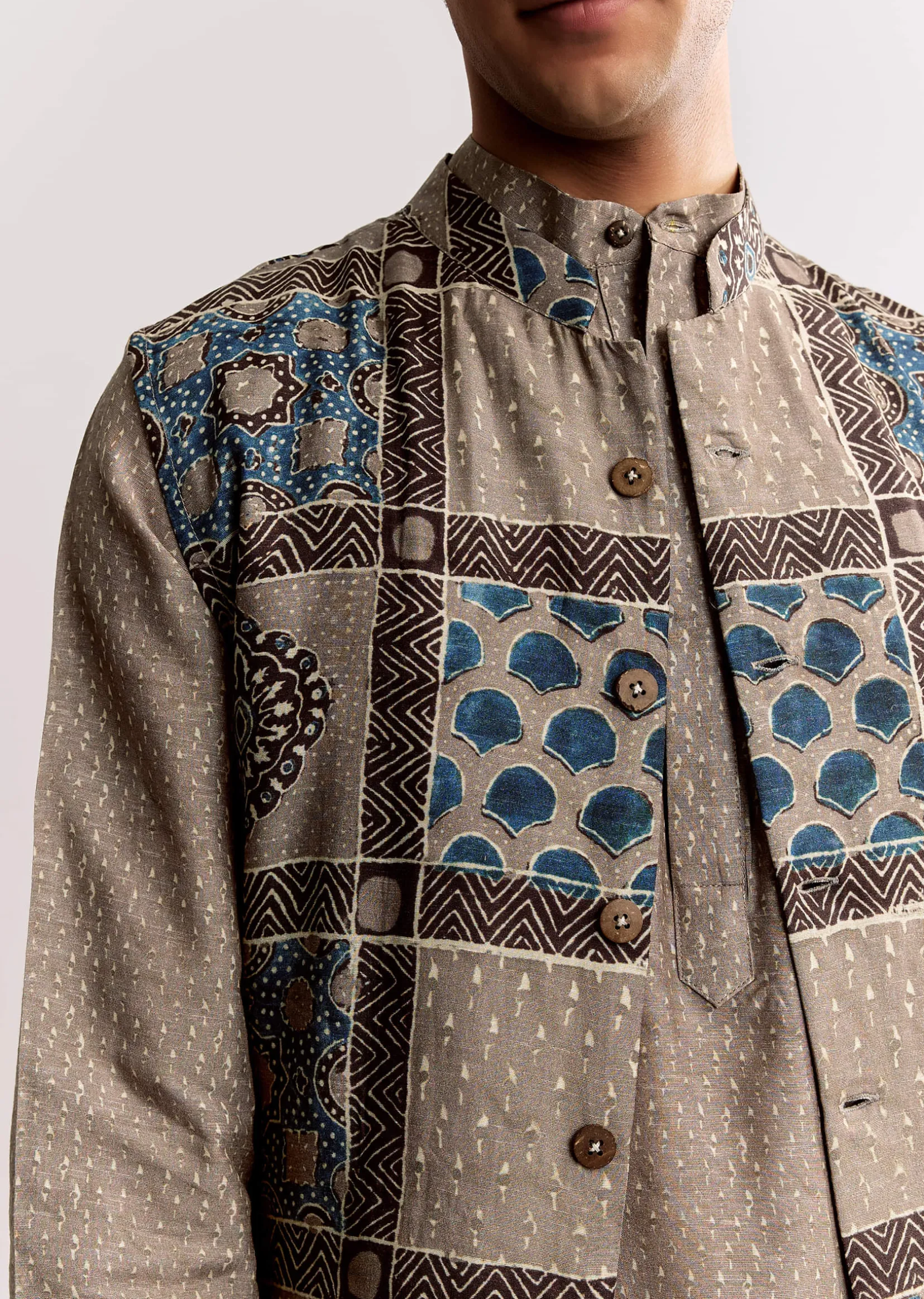 Grey Linen Kurta Jacket Set With Ajrakh Print