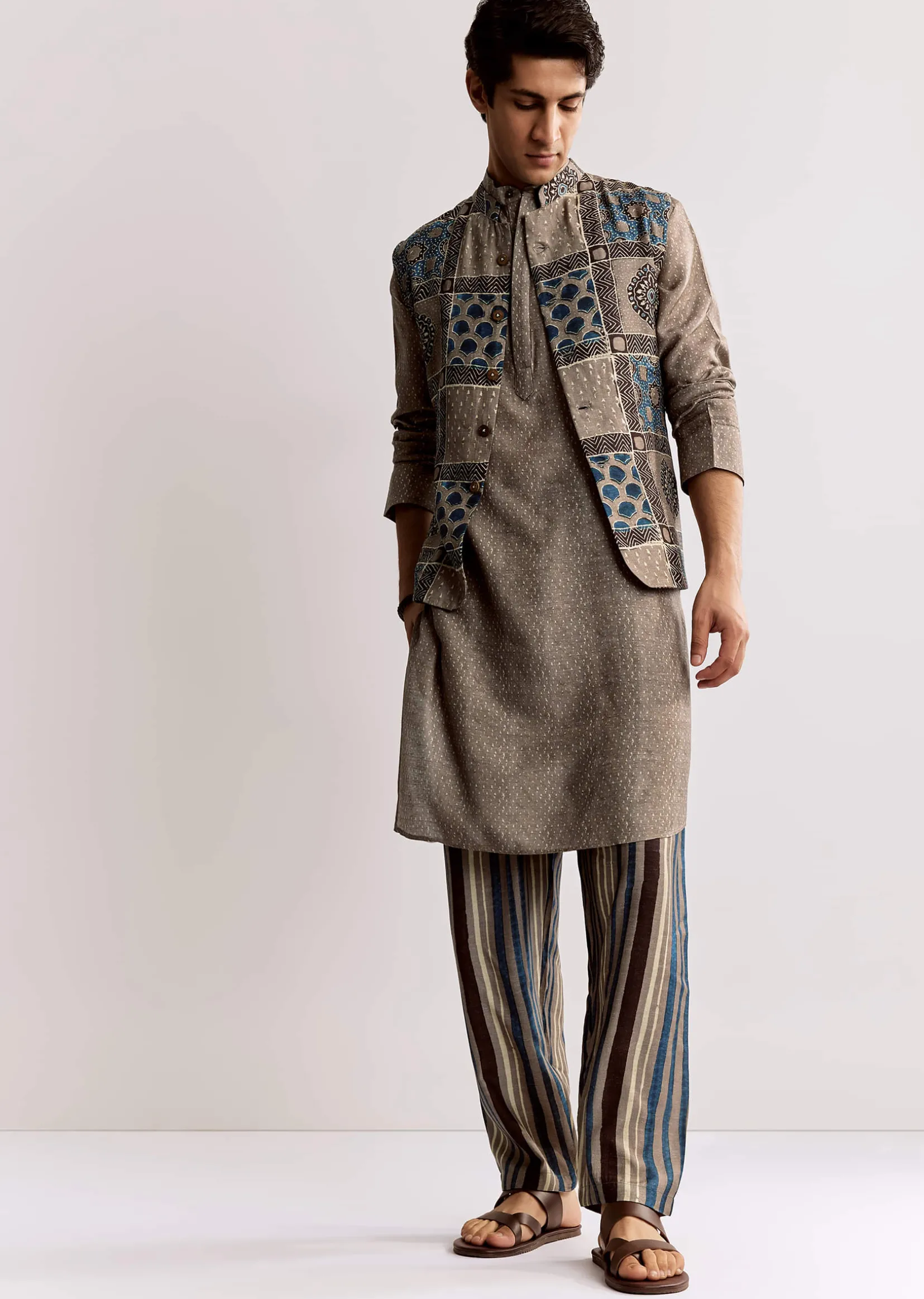 Grey Linen Kurta Jacket Set With Ajrakh Print