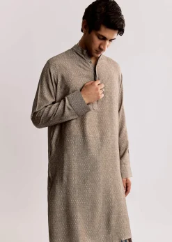 Grey Linen Kurta Jacket Set With Ajrakh Print
