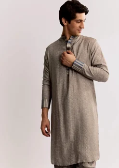 Grey Linen Kurta Set With Ajrakh Print
