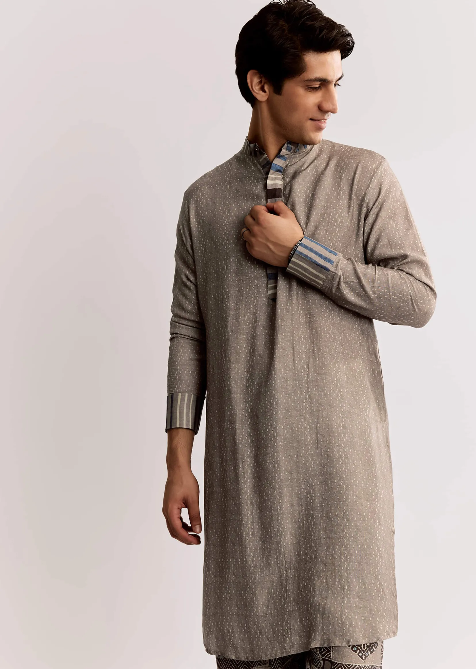 Grey Linen Kurta Set With Ajrakh Print