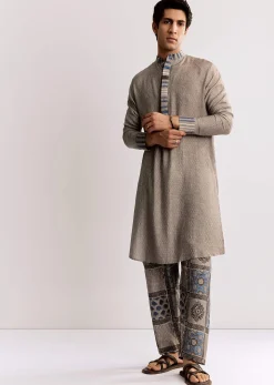 Grey Linen Kurta Set With Ajrakh Print