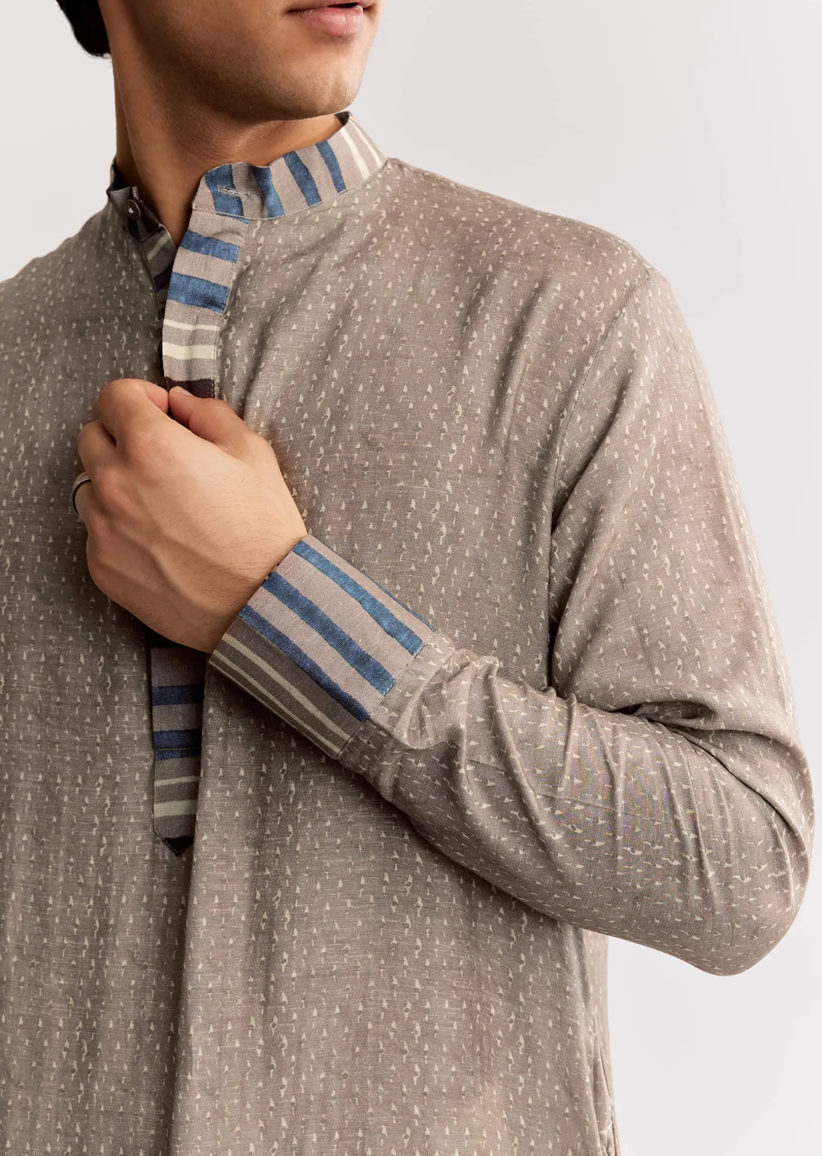 Grey Linen Kurta Set With Ajrakh Print