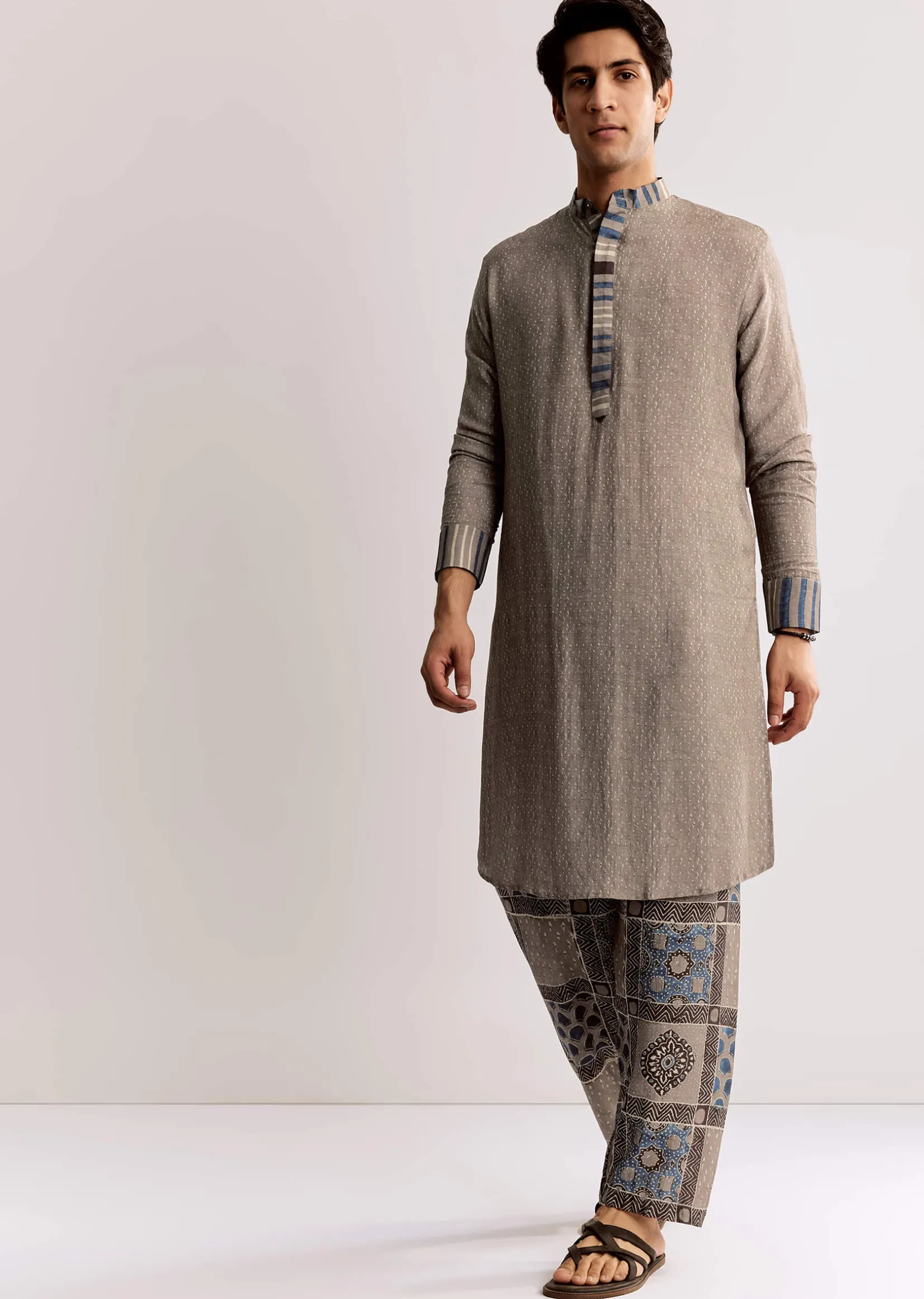 Grey Linen Kurta Set With Ajrakh Print