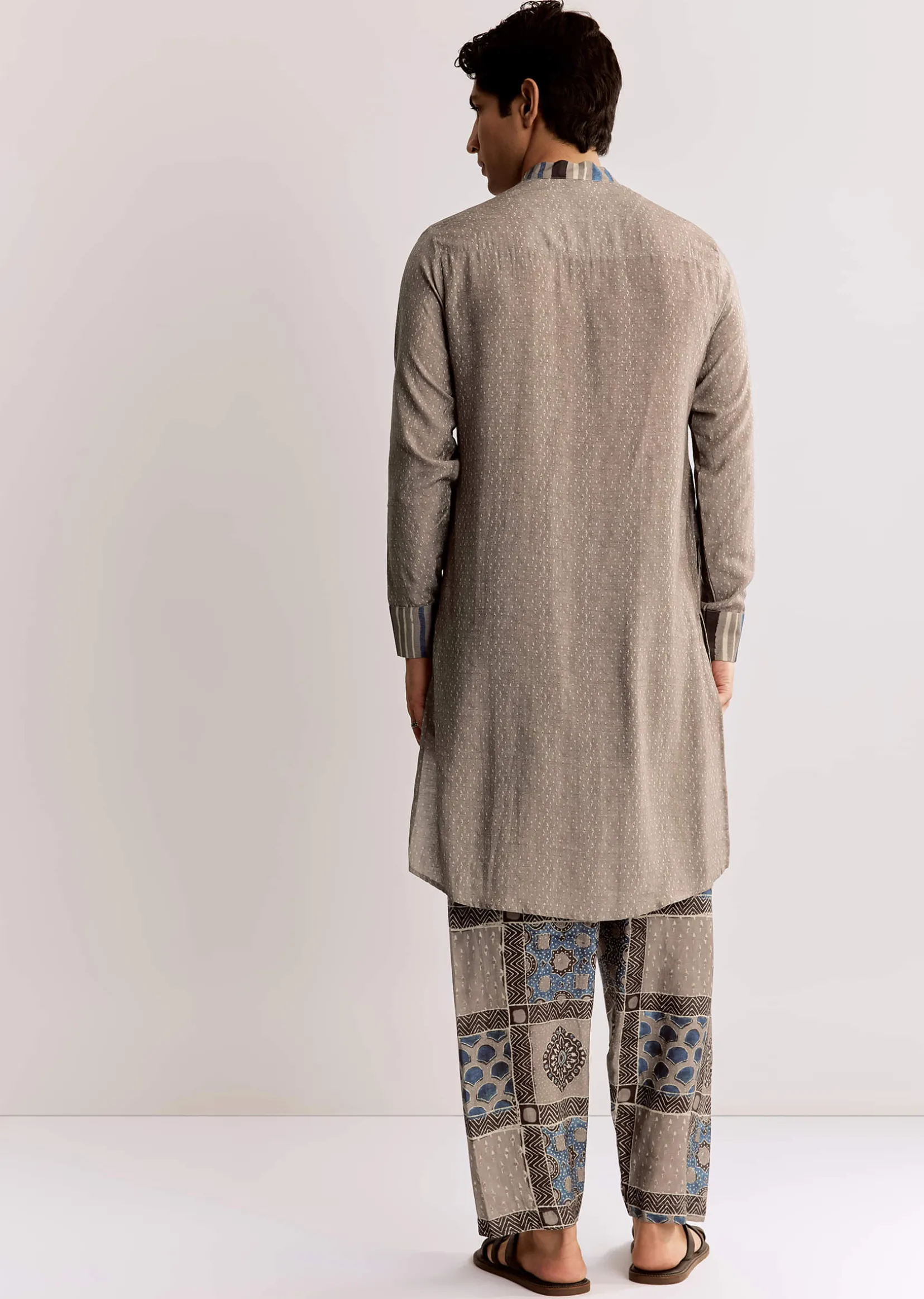 Grey Linen Kurta Set With Ajrakh Print