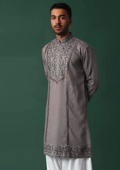Grey Linen Kurta Set With Handwork Embroidery