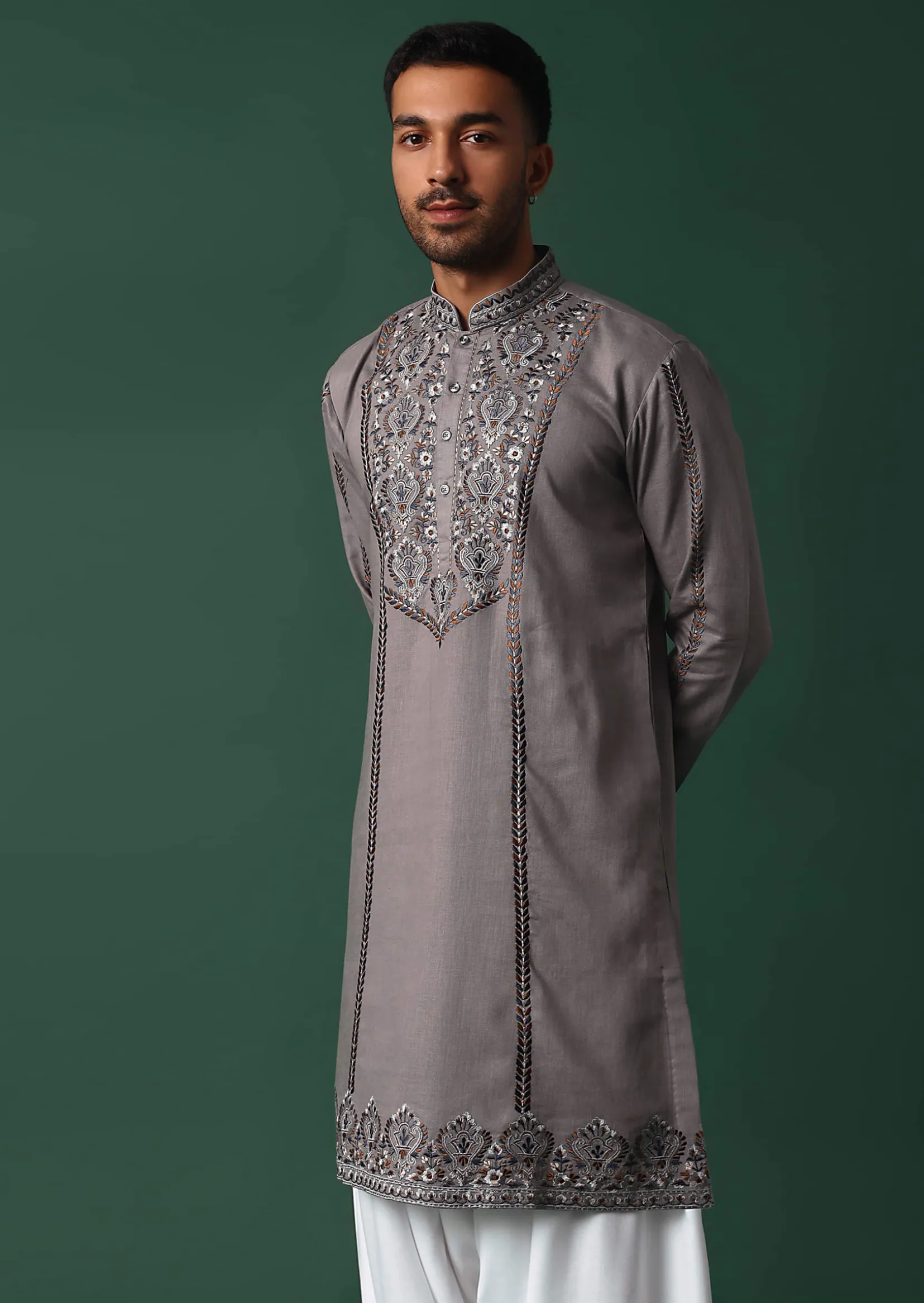 Grey Linen Kurta Set With Handwork Embroidery