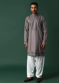 Grey Linen Kurta Set With Handwork Embroidery