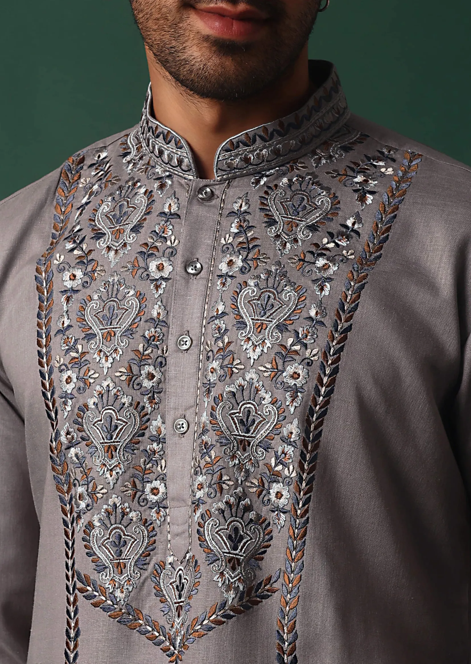 Grey Linen Kurta Set With Handwork Embroidery