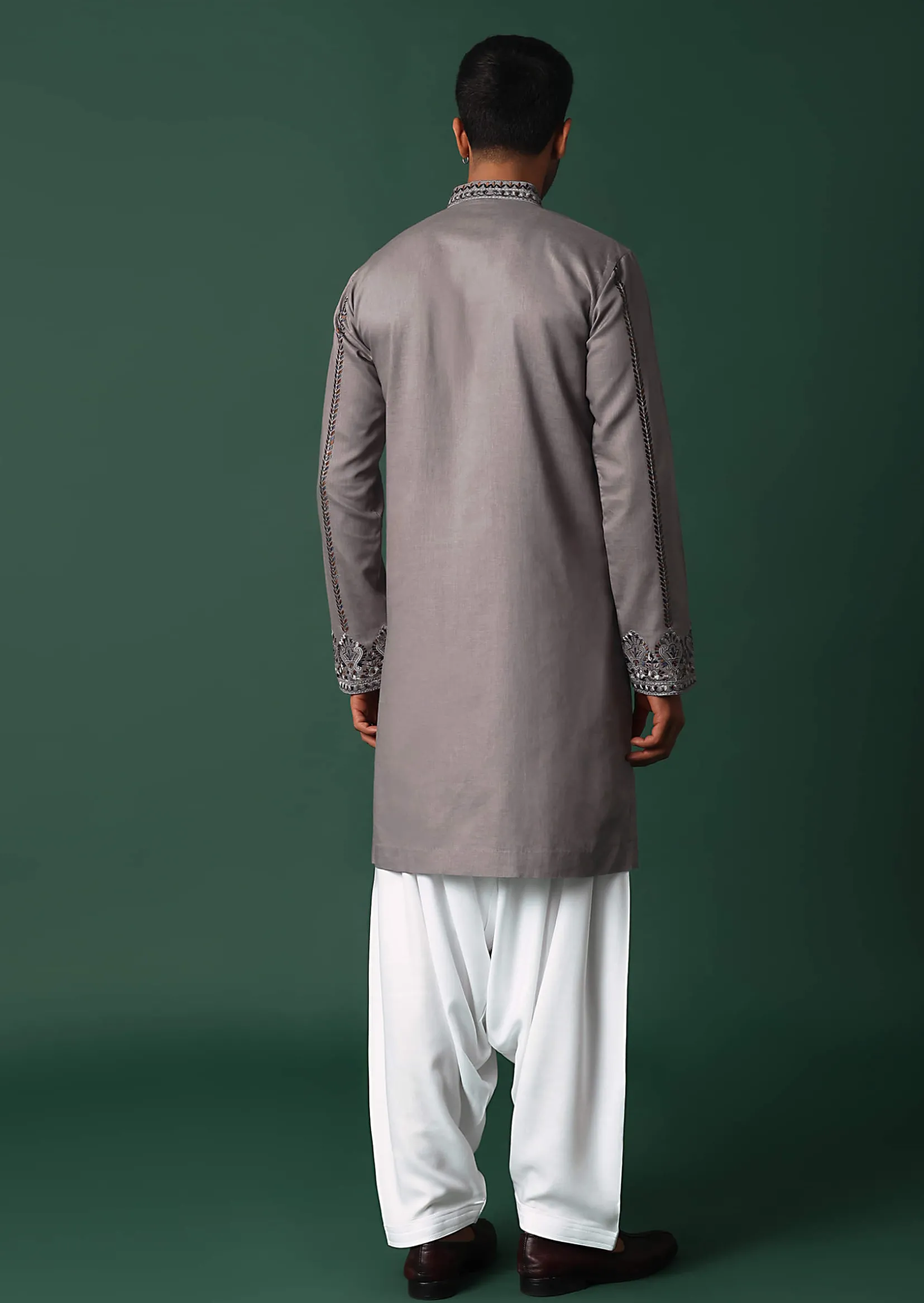 Grey Linen Kurta Set With Handwork Embroidery