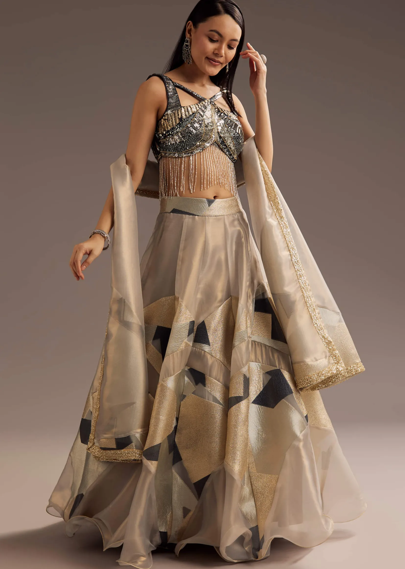 Grey Lurex Glitter Lehenga With Organza Dupatta