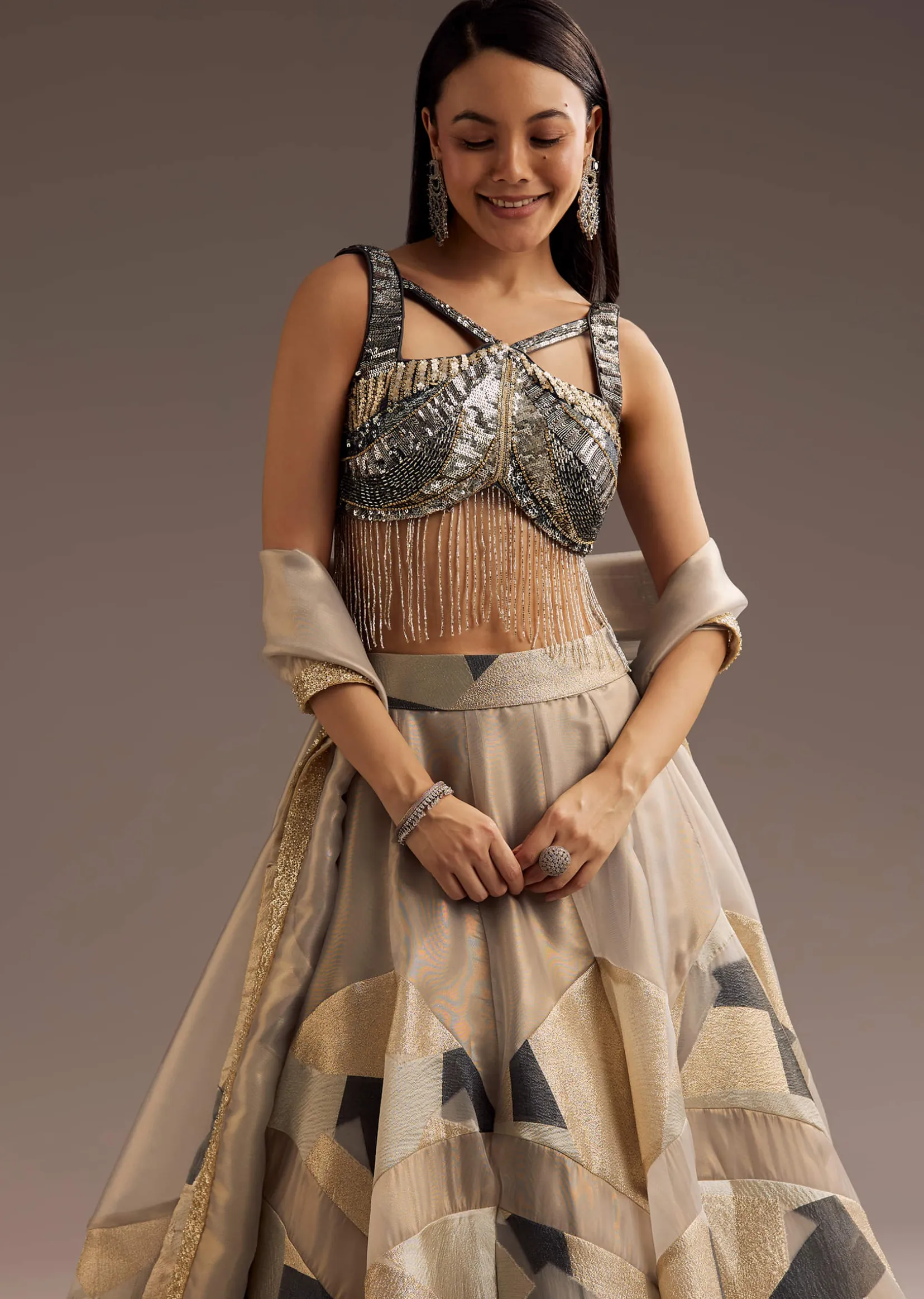 Grey Lurex Glitter Lehenga With Organza Dupatta