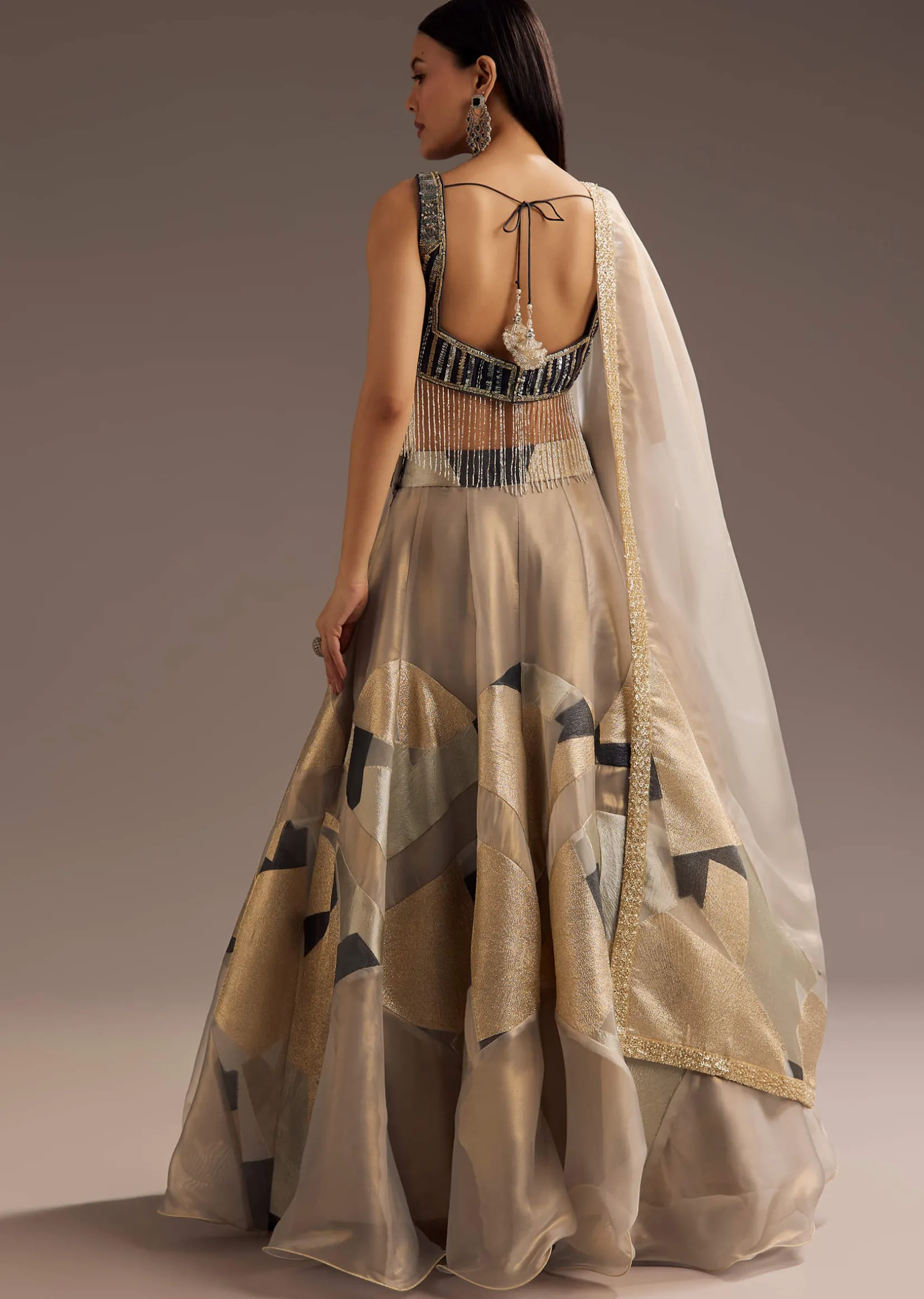 Grey Lurex Glitter Lehenga With Organza Dupatta