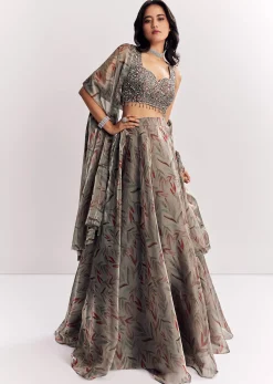 Grey Mirror Work Organza Tissue Lehenga Choli With Dupatta
