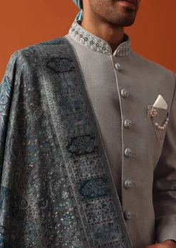 Grey Neckline Embroidered Sherwani Set With Pashmina Dupatta