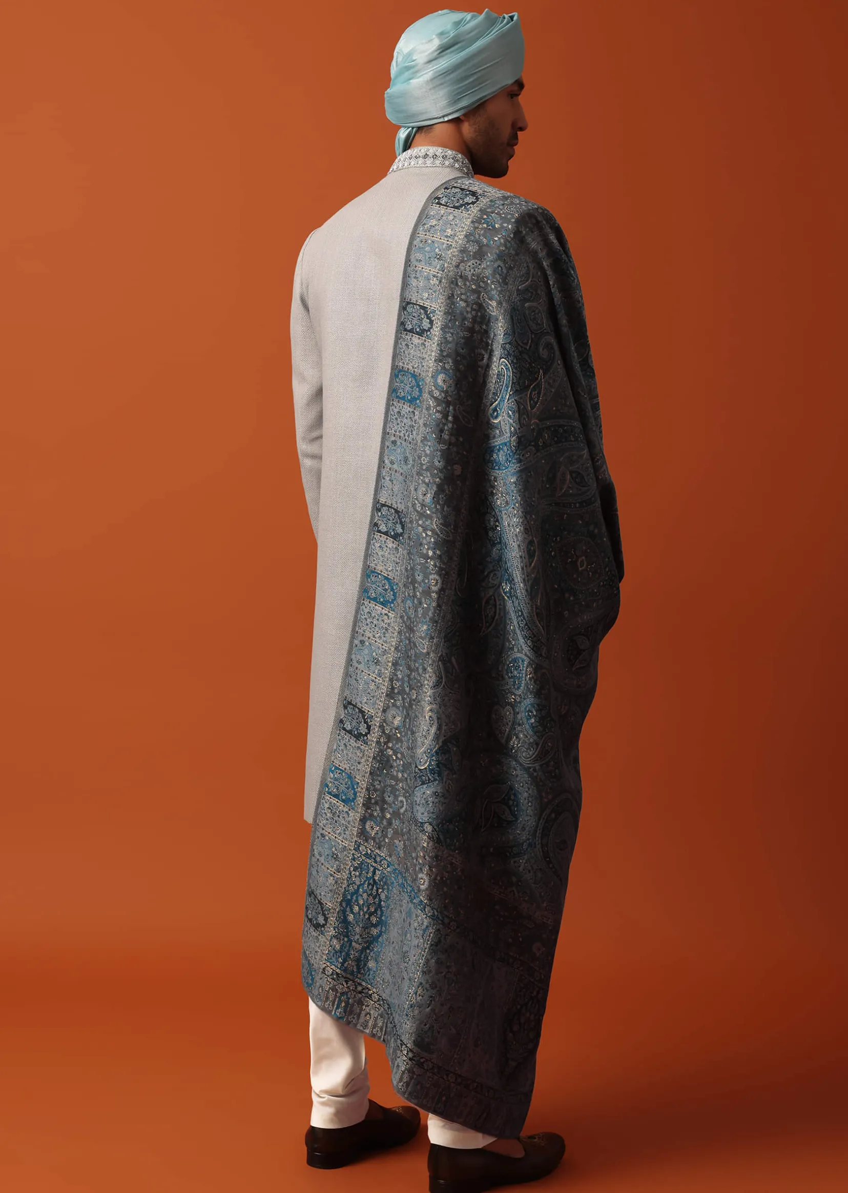 Grey Neckline Embroidered Sherwani Set With Pashmina Dupatta
