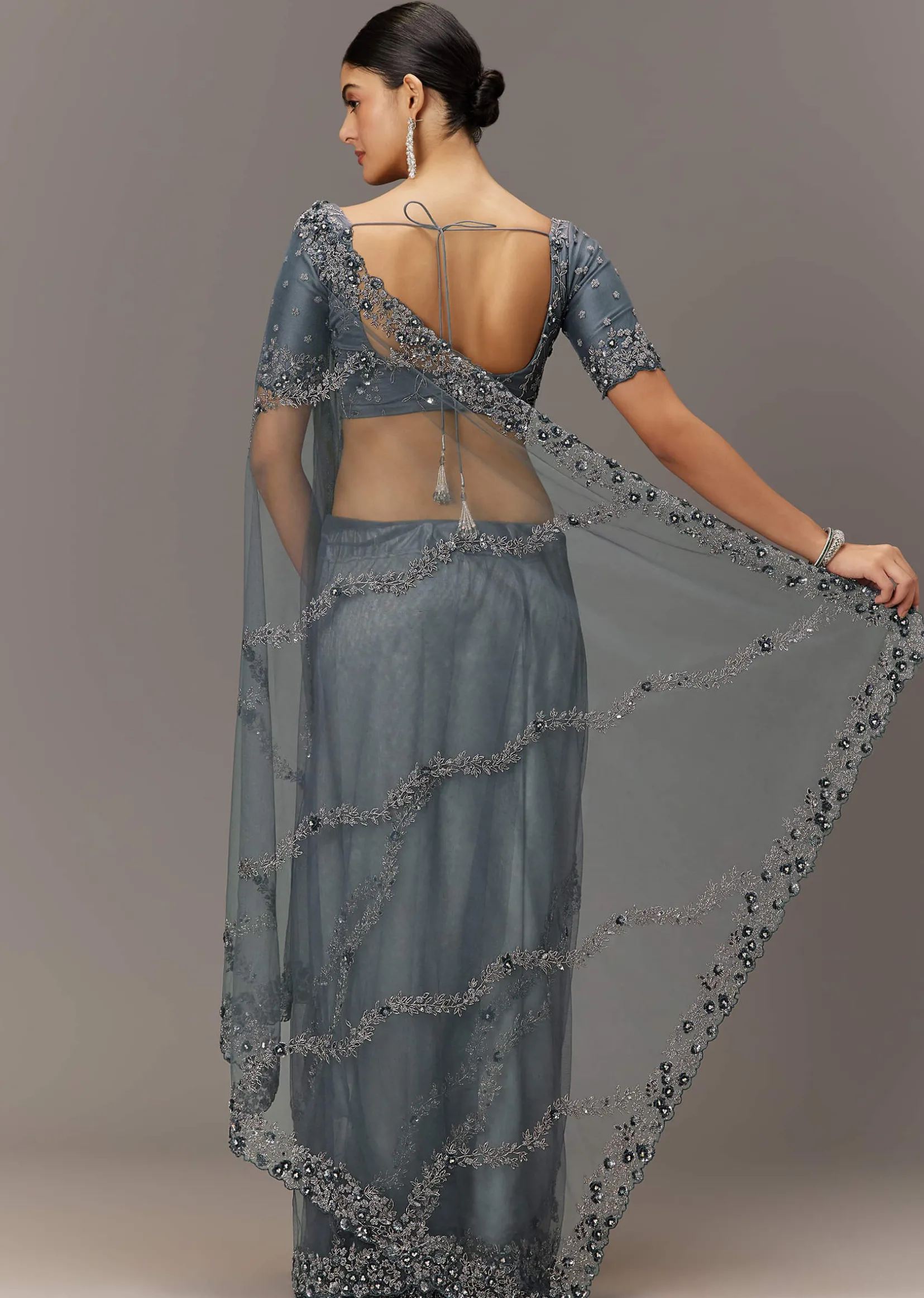 Grey Net Saree With All Over Heavy Embroidery And Net Blouse