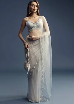 Grey Net Saree With Sequin And Bead Embroidery