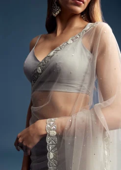 Grey Net Saree With Sequin And Bead Embroidery