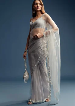 Grey Net Saree With Sequin And Bead Embroidery