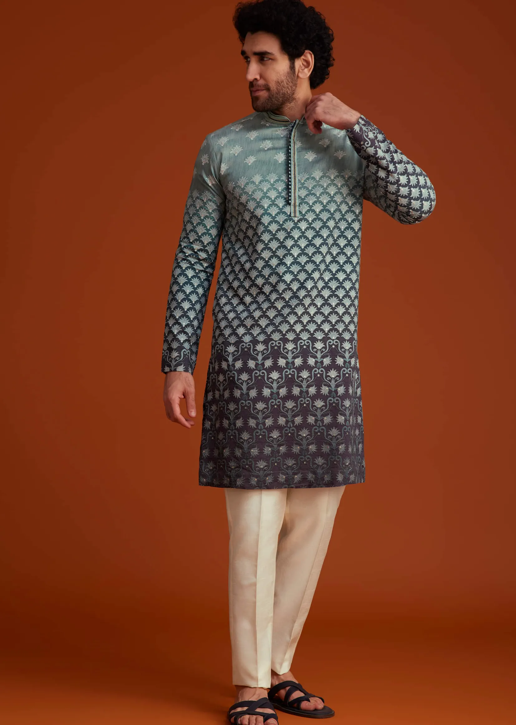 Grey Ombre Embroidered Kurta Pant Set