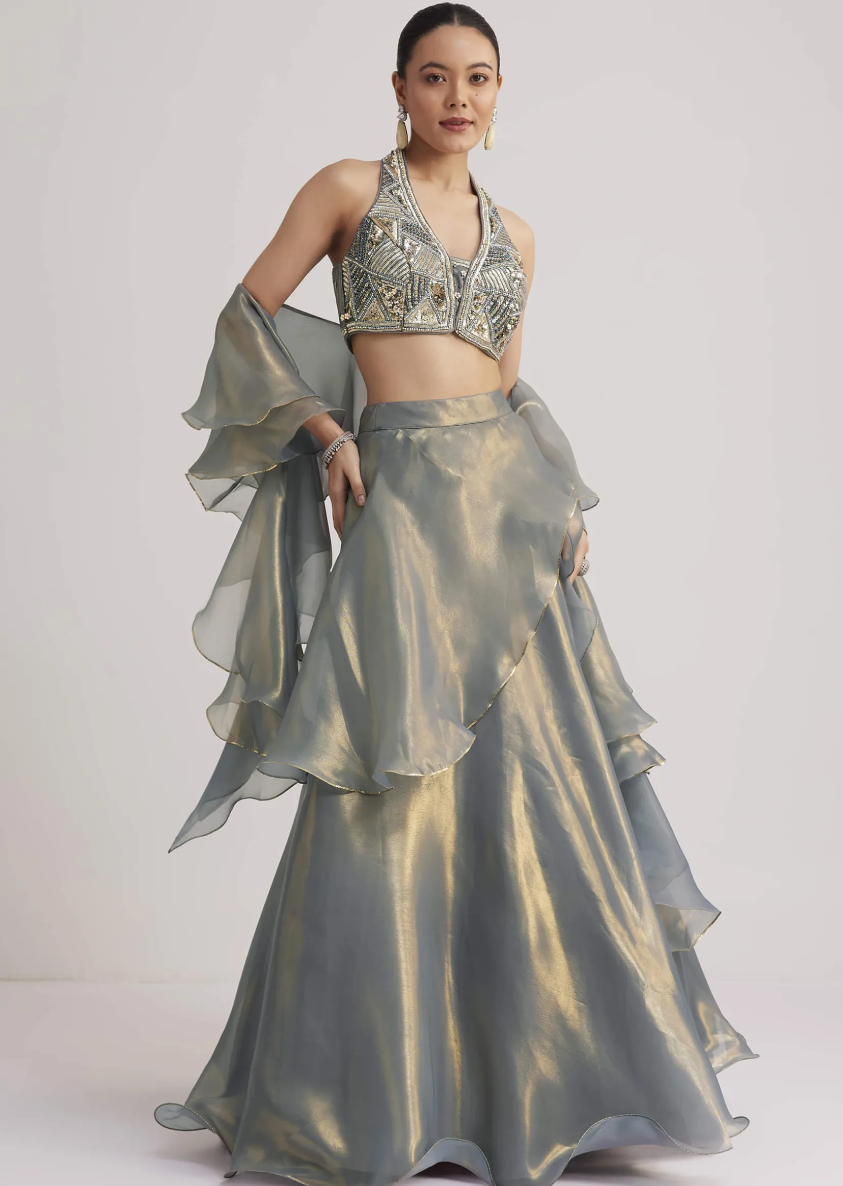 Grey Organza Embellished Lehenga Set With Dupatta