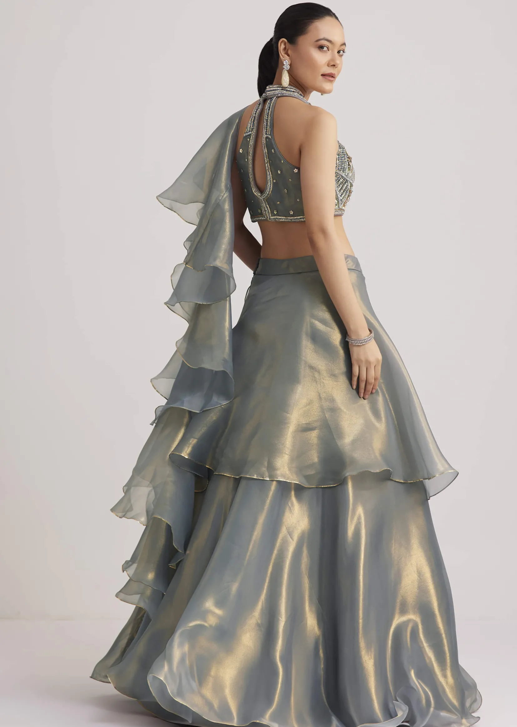 Grey Organza Embellished Lehenga Set With Dupatta