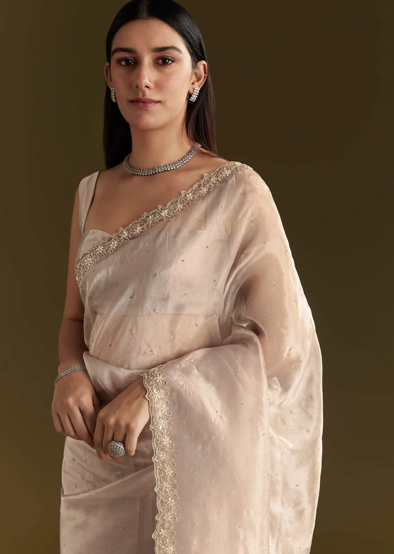Grey Organza Embroidered Saree With Scallop Border