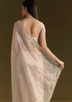 Grey Organza Embroidered Saree With Scallop Border
