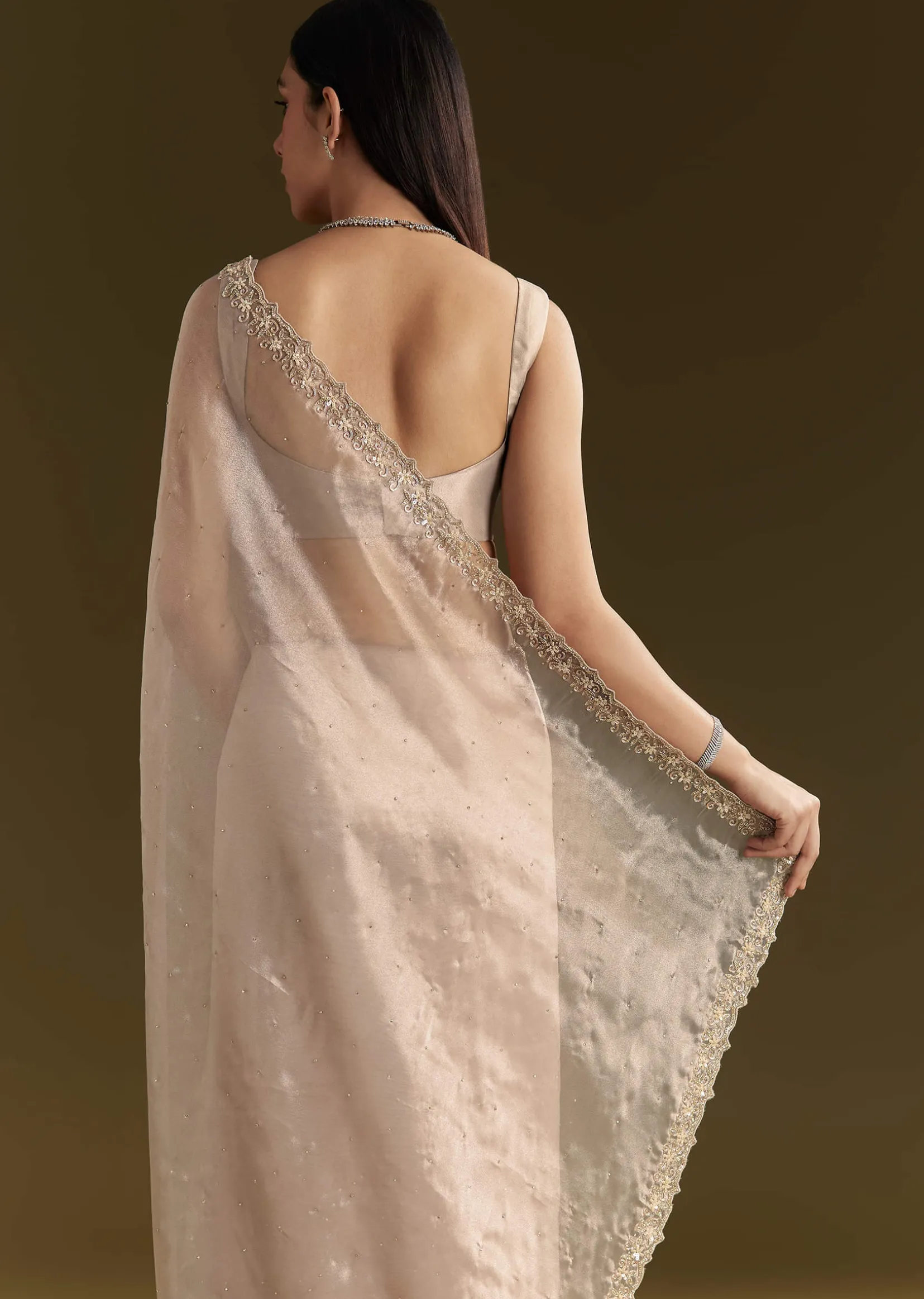 Grey Organza Embroidered Saree With Scallop Border