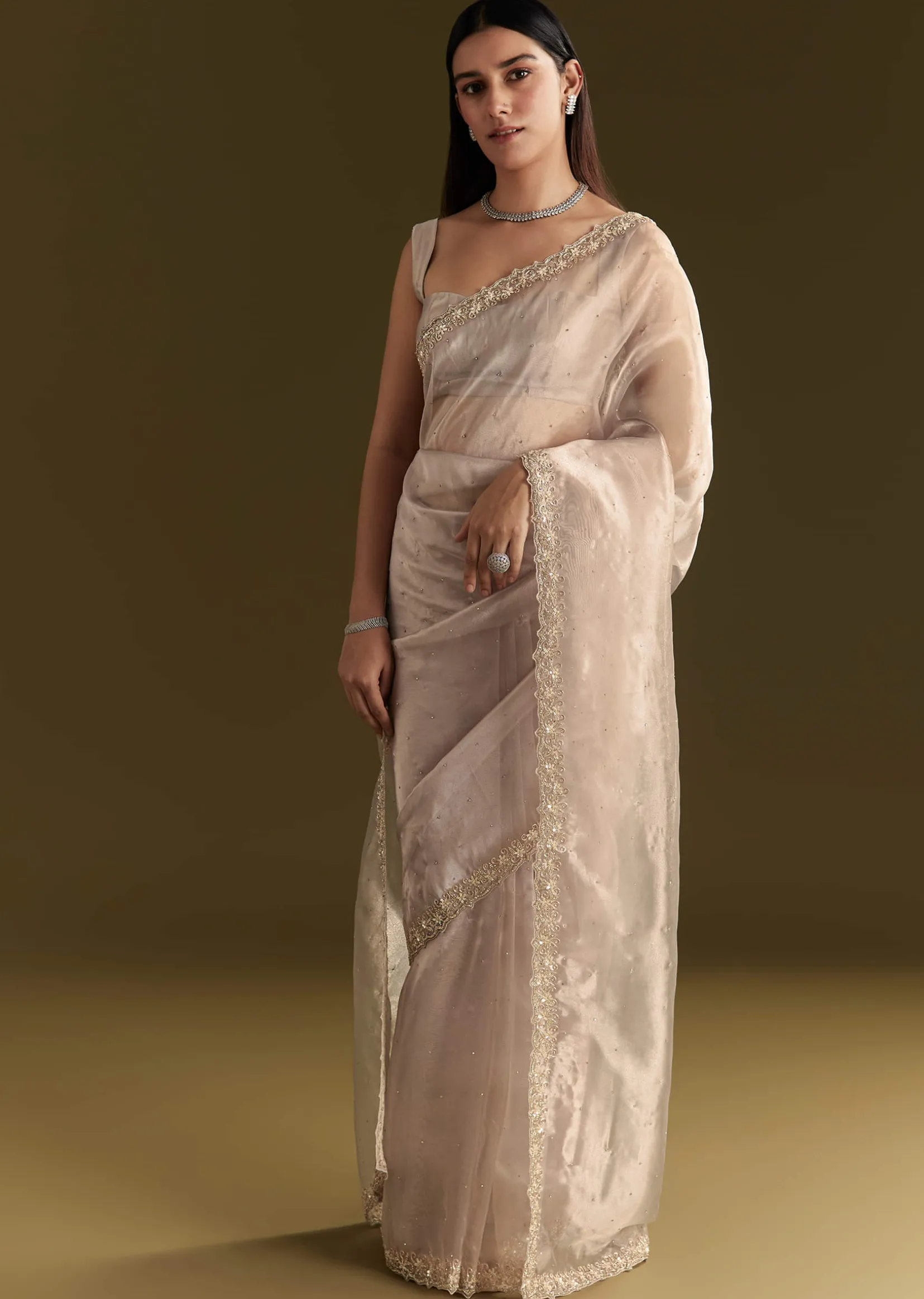 Grey Organza Embroidered Saree With Scallop Border