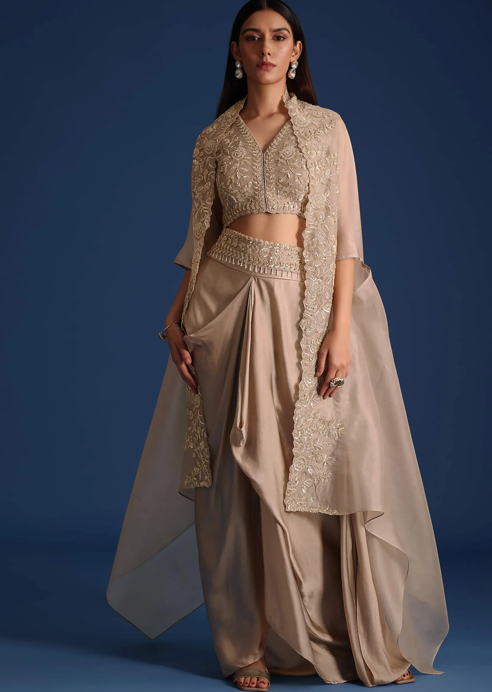Grey Organza Jacket With Draped Skirt And Crop Top