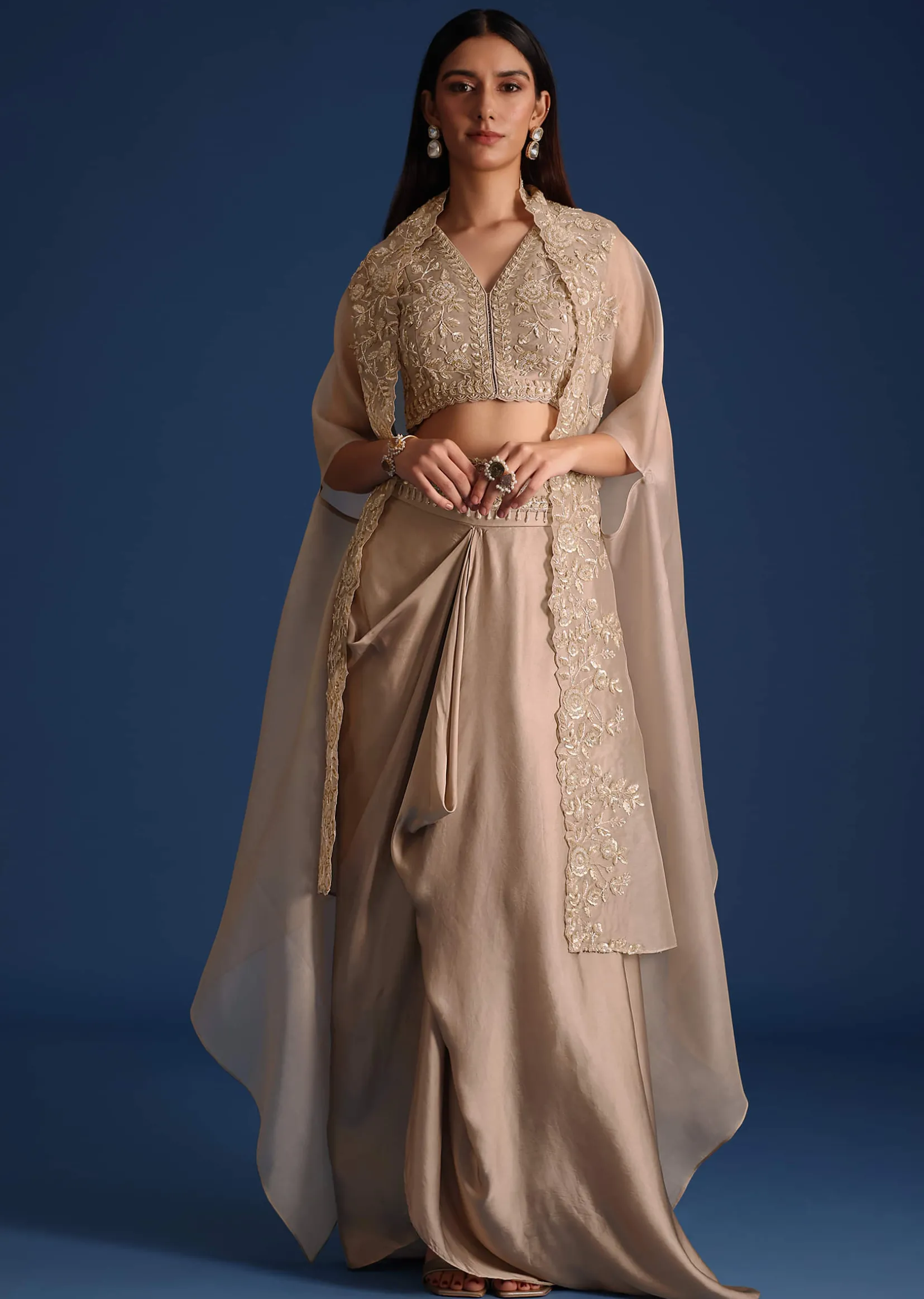 Grey Organza Jacket With Draped Skirt And Crop Top