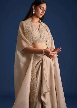 Grey Organza Jacket With Draped Skirt And Crop Top