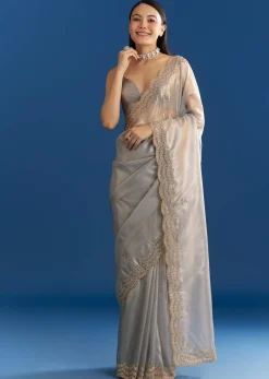 Grey Organza Tissue Saree With Embellished Scallop Border