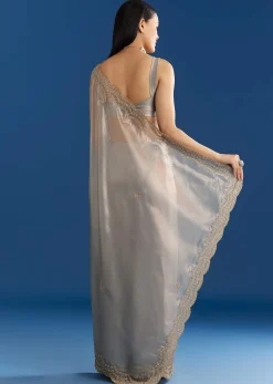 Grey Organza Tissue Saree With Embellished Scallop Border