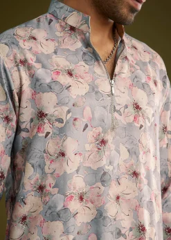 Grey Pashmina Silk Kurta Set With Floral Print
