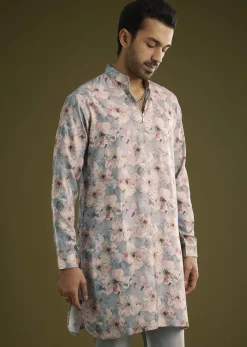 Grey Pashmina Silk Kurta Set With Floral Print