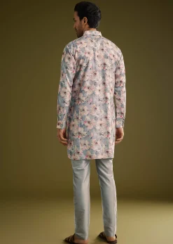 Grey Pashmina Silk Kurta Set With Floral Print