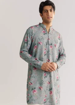 Grey Pashmina Zipper Kurta Set With Floral Prints
