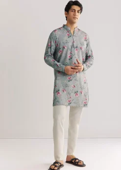 Grey Pashmina Zipper Kurta Set With Floral Prints