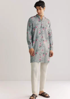 Grey Pashmina Zipper Kurta Set With Floral Prints