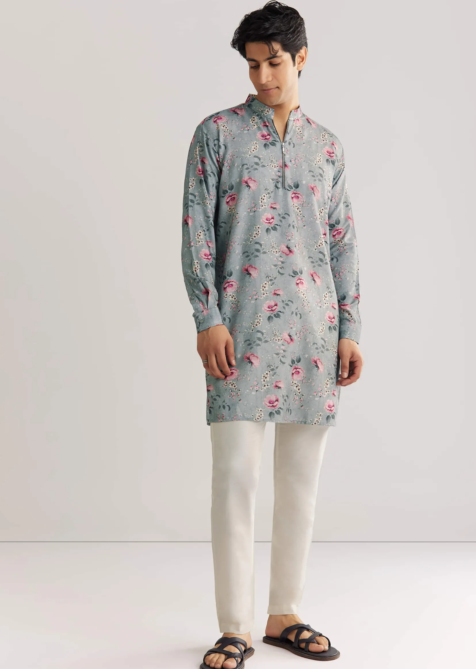 Grey Pashmina Zipper Kurta Set With Floral Prints