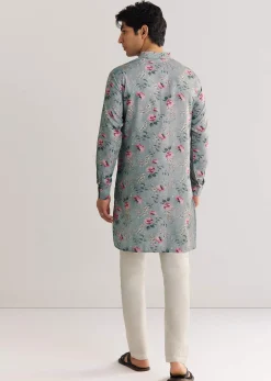 Grey Pashmina Zipper Kurta Set With Floral Prints