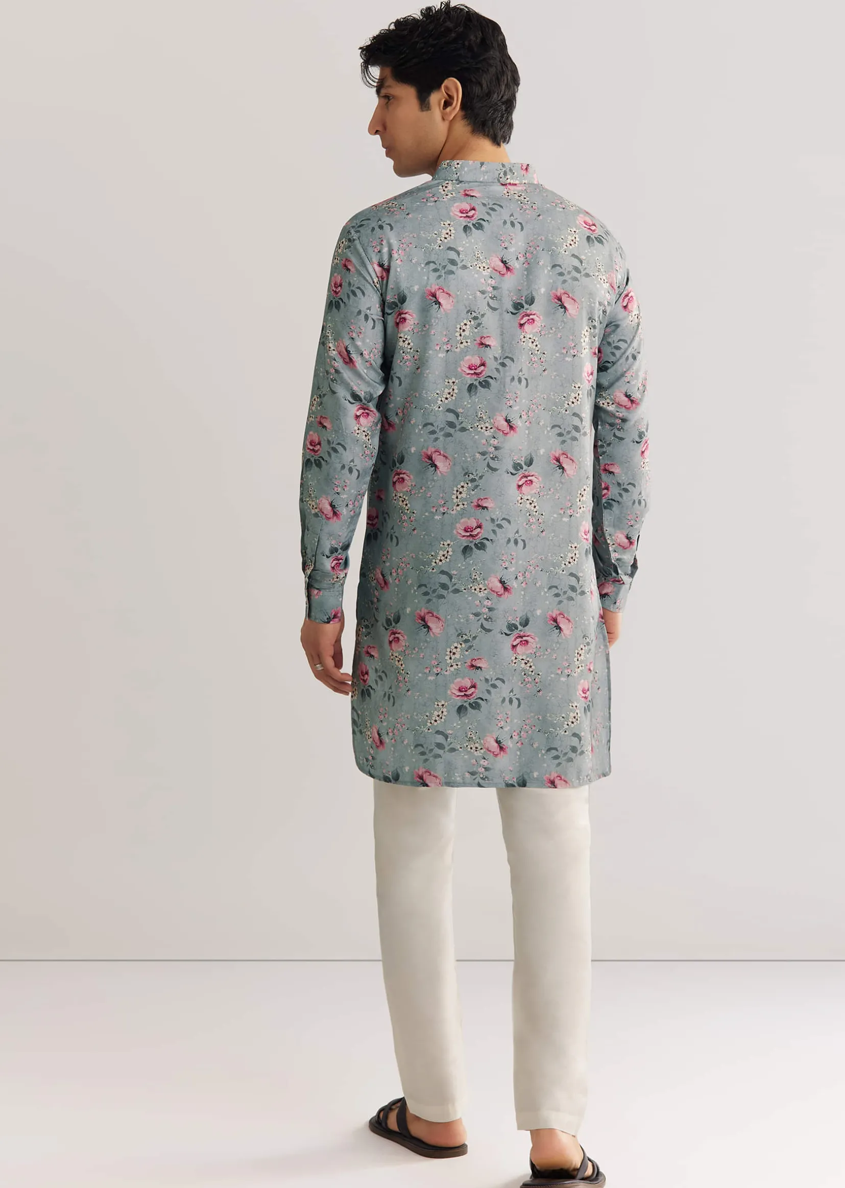 Grey Pashmina Zipper Kurta Set With Floral Prints