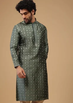 Grey Printed Handwoven Silk Kurta Set With Buttis
