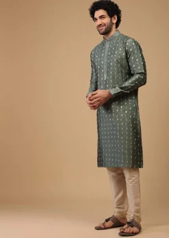 Grey Printed Handwoven Silk Kurta Set With Buttis