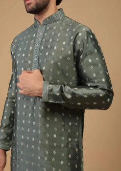 Grey Printed Handwoven Silk Kurta Set With Buttis